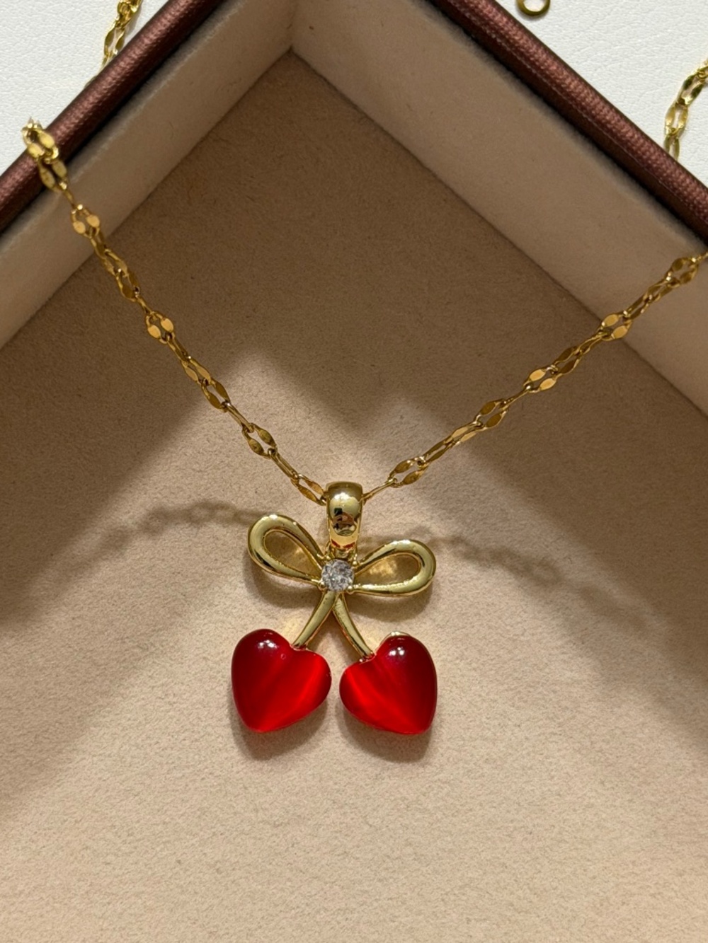 Golden Love Bow Red Cherry Heart Pendant Stainless Steel Stamped Necklace Chain